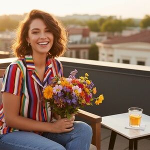 Forever 21 Rainbow Stripe Button-Up Shirt Size M | Colorful Short Sleeve Top